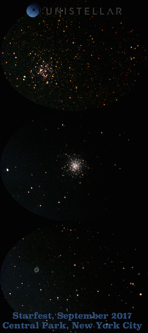 Observations of M11 (the Wild Duck Cluster), M13 (the Hercules Globular Cluster) and M57 (the Ring Nebula) from Central Park, New York City using the Unistellar eVscope prototype (credits: F. Marchis, Unistellar)
