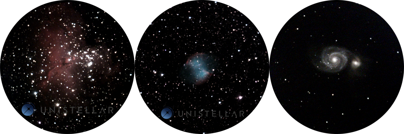 Observações de Dumbbell Nebula Messier 27, Whirlpool galaxy Messier 51 e Eagle Nebula Messier 16 usando um telescópio Unistellar do Observatoire des Baronnies Provençales, na França. Esta observação pode ser vista pelo usuário diretamente na lente e uma imagem pode ser gerada posteriormente para armazenamento na base de dados Unistellar no Instituto SETI.